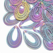 Honeyhandy Ion Plating(IP) 201 Stainless Steel Filigree Pendants, Etched Metal Embellishments, Teardrop, Rainbow Color, 40.5x27x0.3mm, Hole: 1.2mm