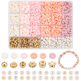 PandaHall Elite DIY Beads Jewelry Making Finding Kit, Including Polymer Clay Disc & Plastic & Acrylic Beads, Column & Star & Flower & Letter, Pink, 4~7x4~7x1~5mm, Hole: 1~2mm