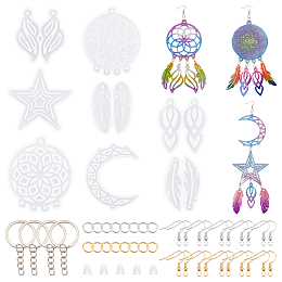 Fingerinspire DIY Jewelry Earing Making Set, Include 1 Set Silicone Molds, 100Pcs Iron Open Jump Rings, 60Pcs Earring Hooks and 4Pcs Split Key Rings, 100Pcs Plastic Ear Nuts, White, Molds: 52~80.5x36~76x6mm, Hole: 1.8~4mm