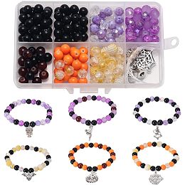 SUNNYCLUE 1 Box DIY 6Pcs Halloween Bracelet Making Kit Tibetan Style Spider Charms Witch Hat Charm Pumpkin Skull Charms Black Purple Orange Round Glass Beads for Jewelry Making Kits Beading Supplies