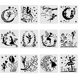 BENECREAT 12PCS Plastic Drawing Templates 12x12 Inches Angel & Fairy Pattern Painting Template Stencil for Scrabooking Card Making, DIY Wall Floor Decoration