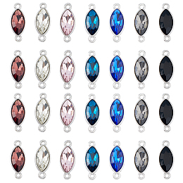 HOBBIESAY 28Pcs 7 Colors Alloy Glass Connector Charms, Faceted Horse Eye Charm, Platinum, Mixed Color, 23x9x5mm, Hole: 1.5mm, 4pcs/color