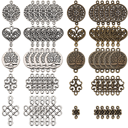 SUNNYCLUE 100Pcs 10 Styles Tibetan Style Alloy Connector Charms, Heart & Chinese Knot & Flat Round, Mixed Color, 7~31x11.5~21x1~2mm, Hole: 1~2.5mm, 10pcs/style