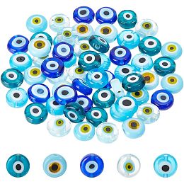 NBEADS 60 Pcs 5 Colors Handmade Evil Eye Lampwork Beads, 8mm Flat Round/Disc Turkish Eye Beads Loose Glass Spacer Beads Charms for DIY Bracelets Necklace Jewelry Making