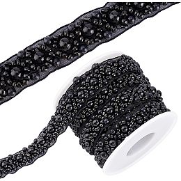 BENECREAT 3.3 Yard Faux Pearls Lace Ribbon, 0.6" Wide Black Beaded Crystal Rhinestone Applique Edge Lace Ribbon for Sewing Wedding Dress Costume Home Decoration