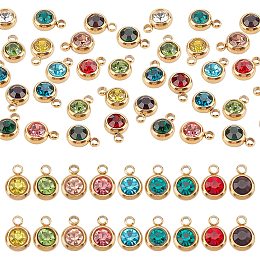 UNICRAFTALE 24Pcs 12 Colors Rhinestone Charms Flat Round Real 18K Gold Plated Birthstone Charms with Vacuum Plating 303 Stainless Steel Finding, 1.5mm Hole Dangle Charms Jewelry Making Charms