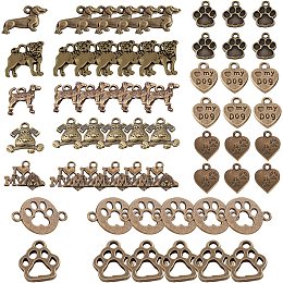 SUNNYCLUE 1 Box 60Pcs 10 Styles Dog Charms Bulk Alloy Puppy Paw Prints Pendants Beagle Sausage Pet Animals Flat Round Heart Love Word Links for Jewelry Making Charms Bracelets Crafts, Antique Bronze