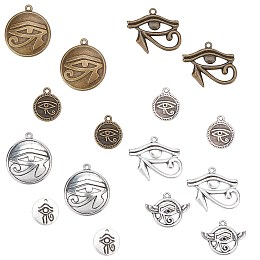 SUNNYCLUE Tibetan Style Alloy Pendants, Flat Round with Egyptian Eye of Horus, Mixed Color, 32pcs/box