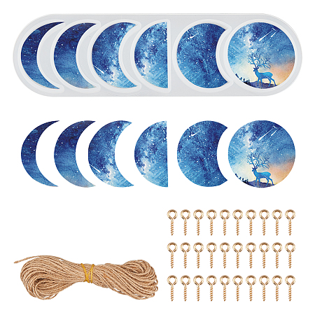 SUNNYCLUE DIY Moon Phase Shape Silicone Molds Kits, with Resin Casting Molds Sets, Hemp Cord and 304 Stainless Steel Screw Eye Pin Peg Bails, Mixed Color, 173x50x6mm