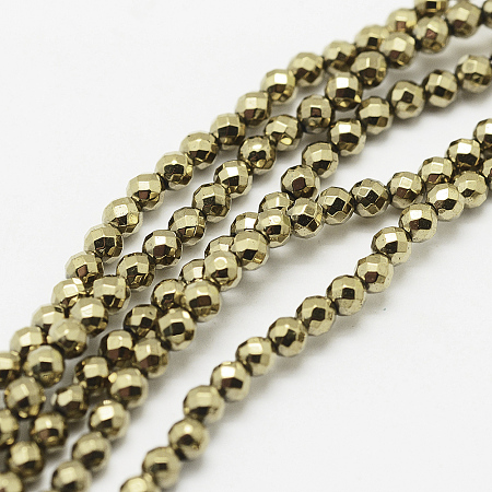 Arricraft Round Non-magnetic Synthetic Hematite Beads Strands, Imitation Pyrite, Faceted, Antique Bronze Plated, 2mm, Hole: 0.5mm, about 143pcs/strand, 16 inches