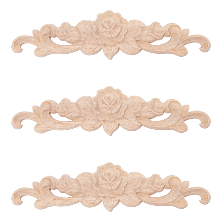 Olycraft Rubber Wood Carved Onlay Applique, Center Flower Long Applique, for Door Cabinet Bed Unpainted Decor European Style, BurlyWood, 5x20x0.7cm