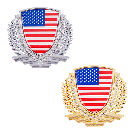 SUPERFINDINGS Alloy Enamel Car Stickers, with Rhinestone, DIY Car Decorations, Flag of the United States Pattern, Badge, Platinum & Golden, 79.5x84x3.5mm, Sticker: 78.5x81.5x1.5mm; 2 colors, 1pc/color, 2pcs/set