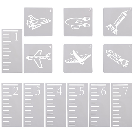 Gorgecraft Plastic Drawing Painting Stencils Templates, Airplane & Rocket & Number Ruler Pattern, White, 130x130x0.3mm, 6pcs/set