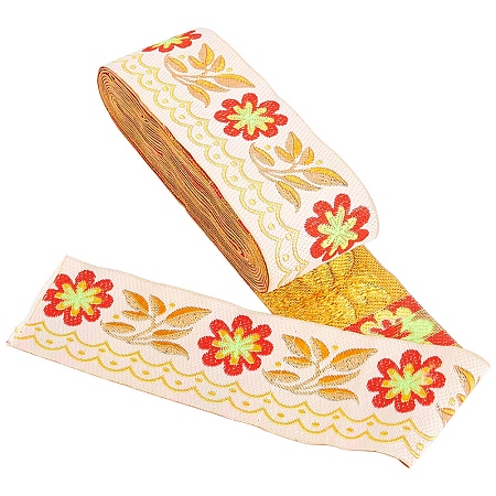 Gorgecraft Embroidery Polyester Ribbons, Jacquard Ribbon, Garment Accessories, Floral Pattern, PeachPuff, 51mm; about 7m/bundle