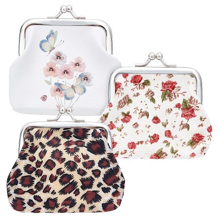 GORGECRAFT 3 Styles Print Coin Purse Kiss Lock Coin Pouch Retro Leopard Rose Floral Butterfly Change Wallet Double Clasp Closure Cloth Handbag for Women Credit Cards Cash Carrying Change Supplies