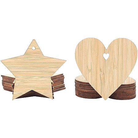 OLYCRAFT 20pcs Unfinished Wood Pieces Star & Heart Shape Unpainted Burlywood Blank Wood Pieces Wooden Slices Tags with Hole for Pendants Craft Projects Hanging Decorations Painting Staining