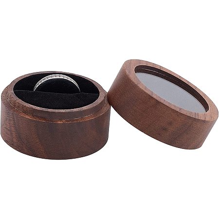 FINGERINSPIRE Walnut Wooden Ring Box 2x1.4inch Round Wooden Jewelry Ring Box with Clear Window Small Column Rings Box with One Slots Black Velvet for Proposal Engagement Birthday Wedding Ceremony