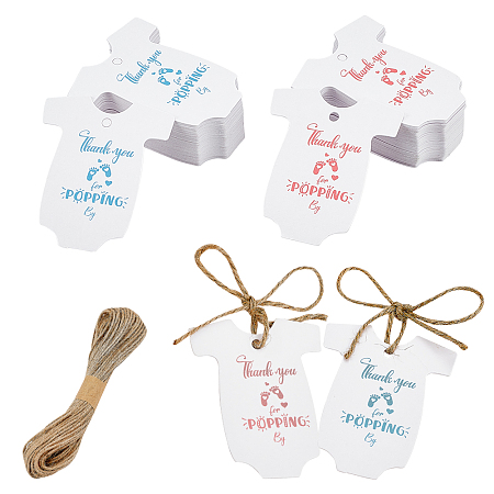 Arricraft 100Pcs 2 Colors Baby Footprint Crawler shape Paper Gift Tags, with Word Thank You for Popping By, with 1 Bundle Jute Cord, Mixed Color, 6x4.9x0.05cm, Hole: 3mm, 50pcs/color