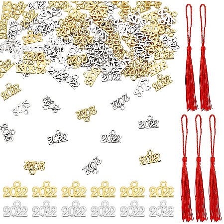 CHGCRAFT 100Pcs 2022 Year Letter Charms and 5 Strands Red Polyester Tassel Decorations 2022 Tassel Charms for Graduation Decorations