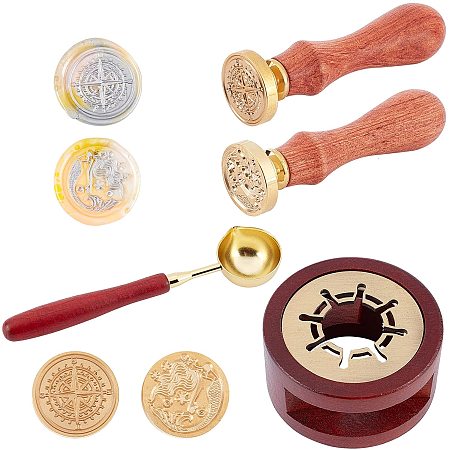 CRASPIRE Wax Seal Kit 2 Pieces Wax Seal Stamp Mermaid & Compass with Wax Melting Stove and Wooden Handle Wax Melting Spoon for Sealing Envelope Invitation Cards Decoration