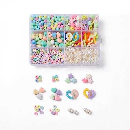 Honeyhandy DIY Beads Jewelry Making Finding Kit, Including Twist & Star & Heart & Round Acrylic Linking Rings and Beads, Polymer Clay Heishi & Acrylic Pearl Beads, Colorful, 728Pcs/box
