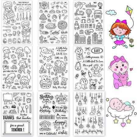 GLOBLELAND 9 Sheets Mixed Theme Silicone Clear Stamps Seal for Card Making Decor and DIY Scrapbooking(Chef Recipes Babies Teacher's Day Travel Architecture Holiday Ornaments Birthday Decorations)