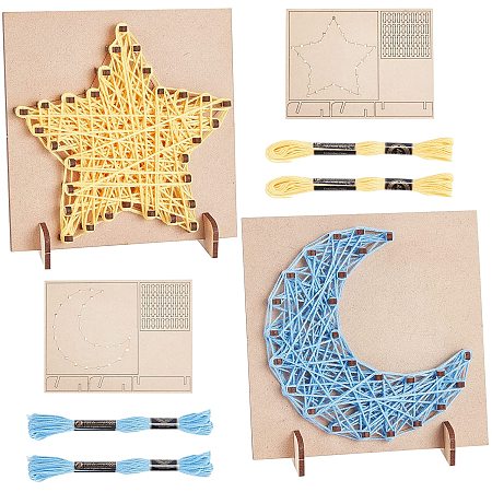 PandaHall Elite 2pcs DIY Wood Nail String Art Kit, 3D Moon and Star String Art for Beginner with Wooden Stencil and Woolen Yar for Adults, Teens, Students, Christmas Gift DIY Craft