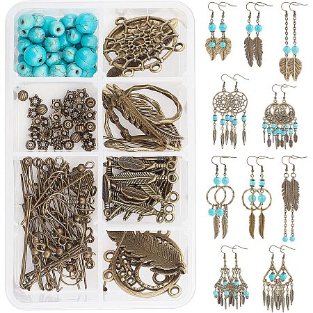 SUNNYCLUE 1 Box DIY Make 10 Pairs Turquoise Beads Earrings Making Kits Tibetan Style Alloy Pendants Chandelier Components Links for Women Beginners DIY Jewelry Making, Antique Bronze