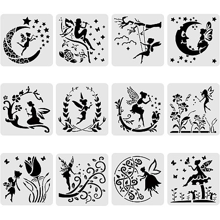 BENECREAT 12PCS Plastic Drawing Templates 12x12 Inches Angel & Fairy Pattern Painting Template Stencil for Scrabooking Card Making, DIY Wall Floor Decoration