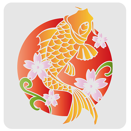 FINGERINSPIRE Koi Fish Stencils 30x30cm Fancy Carp Drawing Painting Stencils Koi Flower Leaf Pattern Wall Stencils Washable Reusable Mylar DIY Art Craft for Painting on Wood, Floor, Wall and Tile