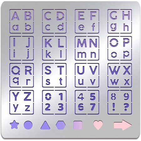 BENECREAT Alphabet Number Stainless Steel Stencil Template, 6x6 Inch Symbol Metal Journal Stencils Templates Tool for Wood Burning Pyrography Drawing and Engraving