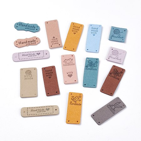 Honeyhandy Imitation Handmade Leather Labels, Embossed Tag, with Holes, for DIY Jeans, Bags, Shoes, Hat Accessories, Mixed Shapes, Mixed Color, 25~57x15~25x1.5mm, Hole: 1.8mm