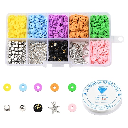 Honeyhandy DIY Jewelry Making Kits, Including Geometry Handmade Polymer Clay & Plastic & Acrylic Beads, Starfish & Shell Plastic Pendants and Elastic Crystal Thread, Mixed Color, Beads: 855~860pcs/set