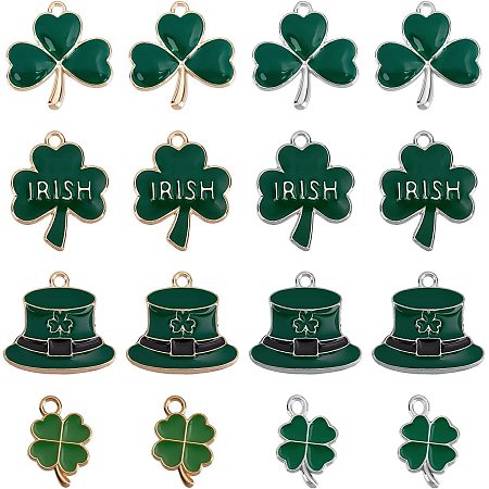 SUNNYCLUE 1 Box 40Pcs 8 Style Four Leaf Clover Charm St. Patrick's Day Enamel Lucky 4 Leaf Clover Charms Hat Irish Shamrock Green Charms for Jewelry Making Charms Good Luck Earrings Craft Supplies