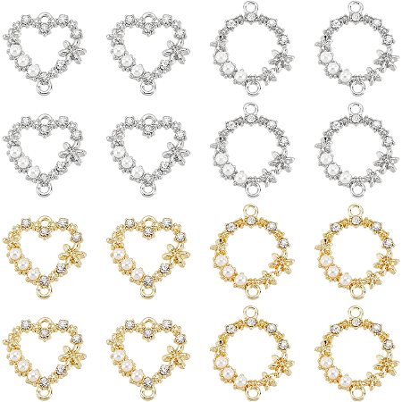 Arricraft 16 Pcs 4 Style Connector Charm Pendant, Ring & Heart Shape Rhinestone Connector Links Alloy Crystal Links with Imitation Pearl for Craft DIY Necklace Bracelet Earrings Making