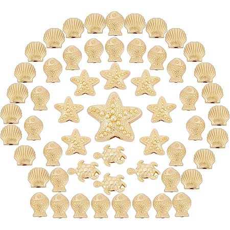 SUNNYCLUE 1 Box 80Pcs 4 Styles Ocean Animal Beads Golden Plated Alloy Starfish Sea Turtle Scallop Shell Fish Bead Large Hole Spacers for DIY Jewelry Making Bracelets Earrings Supplies