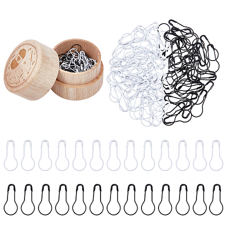 NBEADS Alloy Calabash Pins, Knitting Stitch Marker, with Wooden Storage Box, Black & White, 22x19.5x1.5mm, 100pcs/box