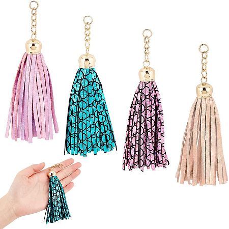WADORN 4 Colors Leather Tassel Charms, 5.5 Inch Faux Leather Tassel Pendants Decoration Multicolor Cell Phone Straps with Gold Caps Jewlery Keychain Making Charms DIY Craft Earring Bracelets Accessory