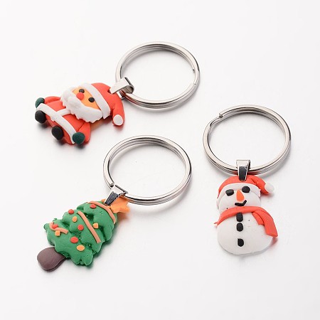 Arricraft Christmas Stainless Steel Keychain, with Handmade Polymer Clay Pendants, Mixed Color, 50~55mm