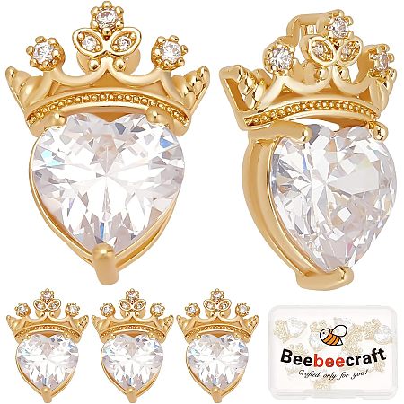 Beebeecraft 8Pcs/Box Cubic Zirconia Heart Charms 18K Gold Plated Brass Crown Top Heart Dangle Pendant for Valentine s Day DIY Earring Necklace Bracelet