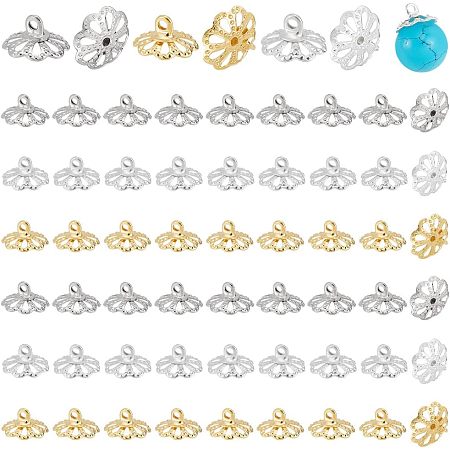 PandaHall Elite 60pcs Flower Bead Caps, 3 Colors Brass Bead Cap Bail End with Loops Flower Filigree Bead Pendant Connectors for Dangle Earrings Bracelets Necklaces Jewelry Making