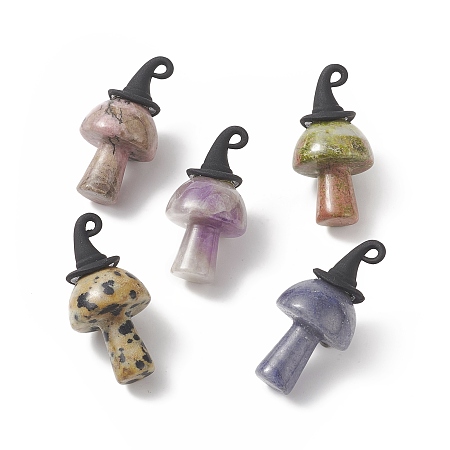 Honeyhandy Natural Mixed Gemstone Pendants, Mushroom Charms, with Black Halloween Alloy 3D Magic Hat, 31~33x6mm, Hole: 1.5x2mm
