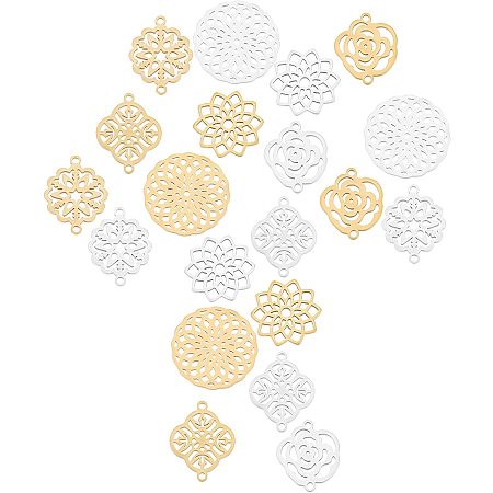SUNNYCLUE 1 Box 20Pcs Flower of Life Connectors Filigree Wrap Charms Stainless Steel Flat Round Filigree Joiners Links Jewelry Findings for Necklace Bracelet Making, Golden and Silver