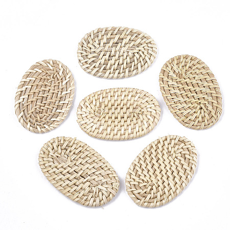 Honeyhandy Handmade Reed Cane/Rattan Woven Beads, For Making Straw Earrings and Necklaces, No Hole/Undrilled, Oval, Antique White, 55~65x40~45x4~6mm