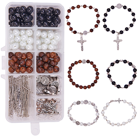 SUNNYCLUE DIY Bracelet Making, with Tibetan Style Alloy Flat Round Beads, 304 Stainless Steel Links, Alloy Crucifix Cross Pendants and 304 Stainless Steel Jump Rings, For Easter, Mixed Color, 13.5x7x3cm