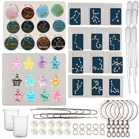 SUNNYCLUE DIY Keychain & Keychain Kit, with Twelve Constellations Silicone Molds, Plastic Transfer Pipettes, Measuring Cup, Latex Finger Cots, Waxed Cotton Cord Necklace, Alloy Keychain Findings, Clear, 6x0.7mm; Inner Diameter: 4.6mm