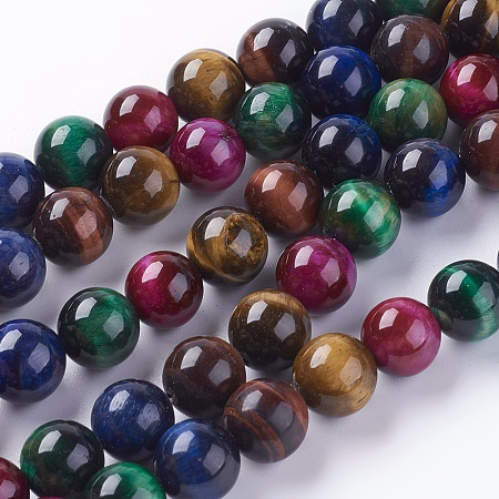 ARRICRAFT Natural Tiger Eye Beads Strands, Round, Mixed Color, 10mm, hole: 1mm, about 19pcs/strand