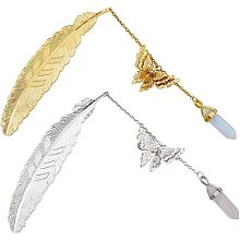 2Pcs Alloy Bookmark Opalite/Natural Rose Quartz Pendant Golden/Silver Metal Feather Bookmarks with 3D Butterfly Charm Retro Book Page Markers Handmade Bookmark Birthday Gifts