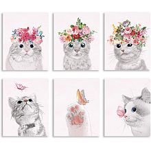 SUPERDANT 6 Pieces Cat Butterfly Unframed Canvas Wall Art Butterfly Bathroom Picture Decor Posters Wearing Flower Butterflies Band Cute Animals Canvas Print Artwork Wall Decor for Kids Bedroom