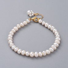 Honeyhandy Natural Cultured Freshwater Pearl Beaded Bracelets, with Shell Pearl Beads, Golden Plated 304 Stainless Steel Lobster Claw Clasps and Cardboard Packing Box, White, 7-5/8 inch(19.5cm)